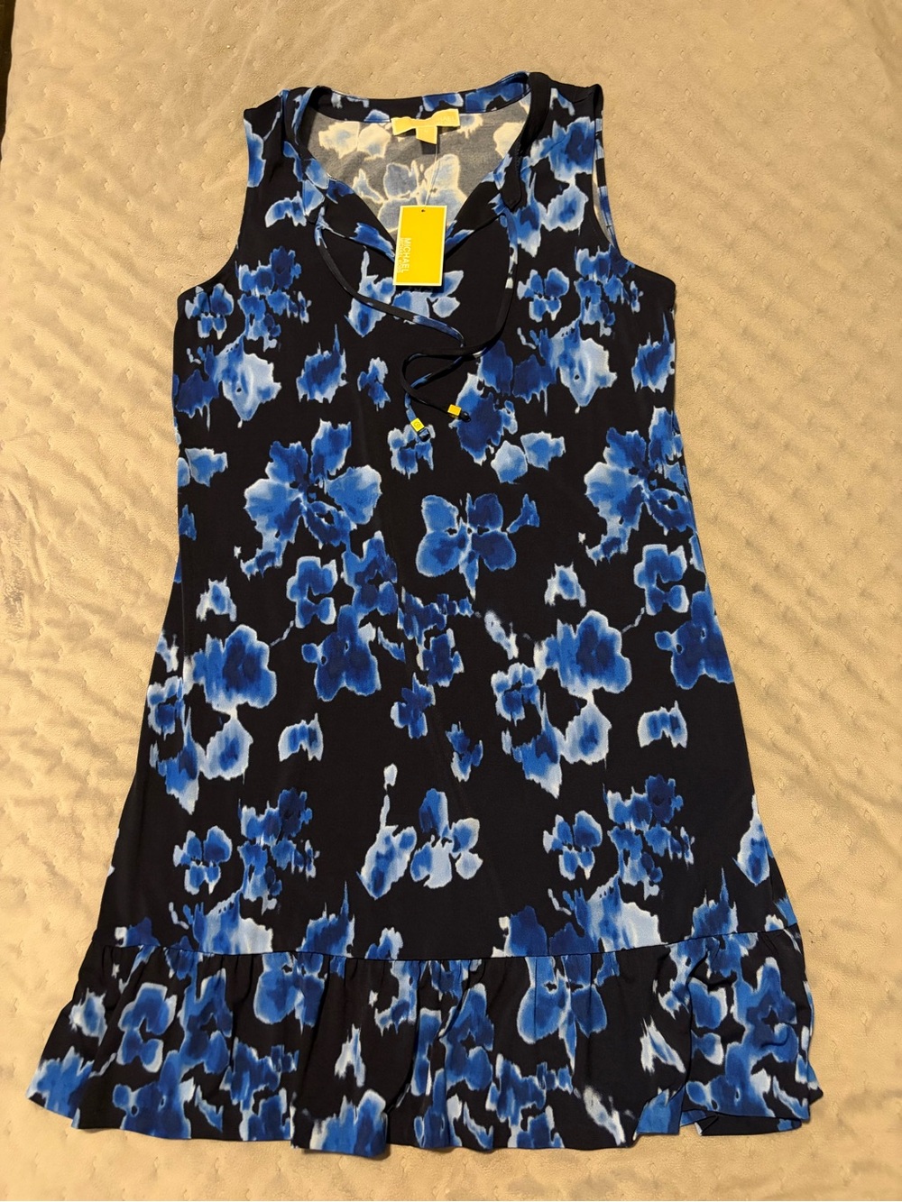 Michael Kors Black Dress with Blue Floral Print and Ruffle Hem